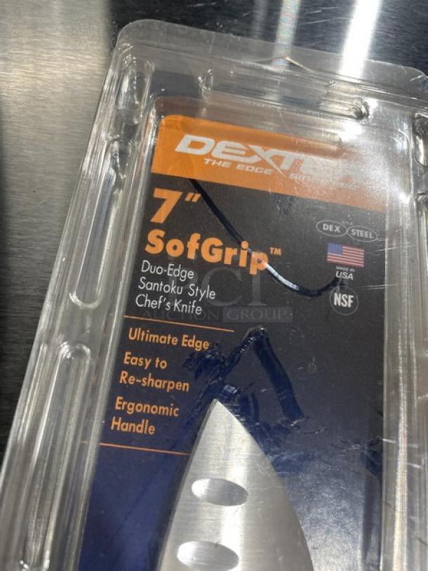 Dexter Russell SofGrip 7" Duo-Edge Santoku Knife, Model SG144-7GE-PCP, new in packaging with white ergonomic handle.