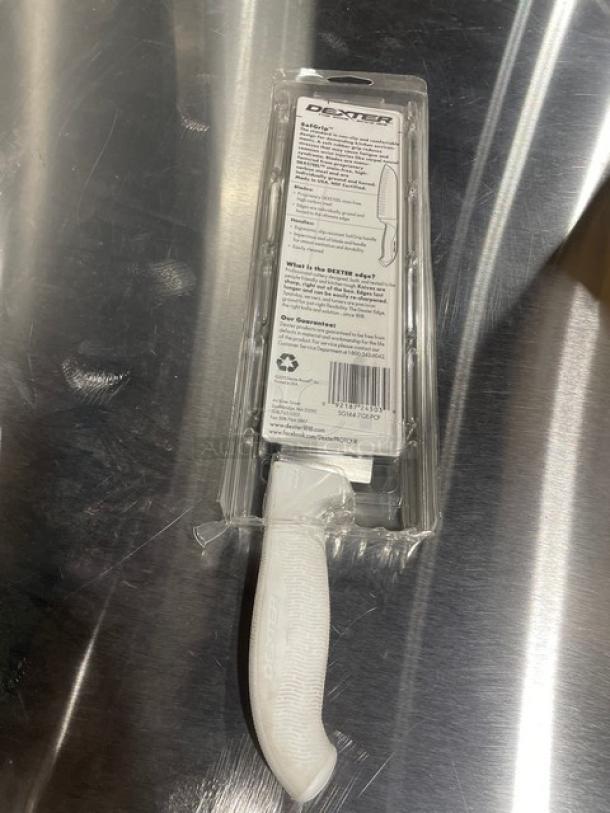 Dexter Russell SofGrip Series 7" Santoku Knife, model SG144-7GE-PCP, stainless steel, white grip, in package, brand new.