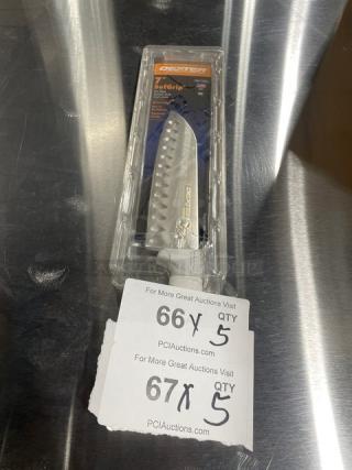 Dexter Russell SofGrip Series 7" Santoku Knife, Model SG144-7GE-PCP, new in package with white grip handle.