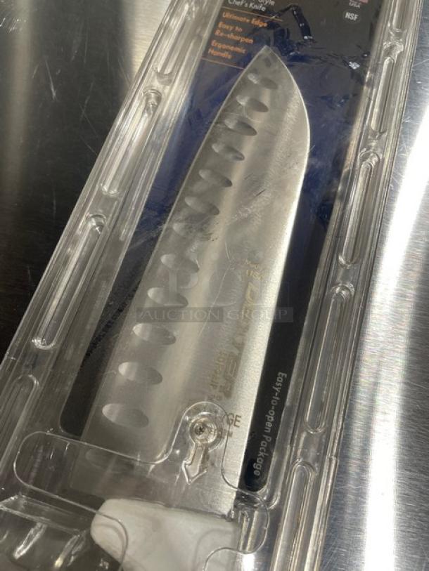 Brand new Dexter Russell SofGrip 7" Santoku knife, model SG144-7GE-PCP, with white grip and duo-edge blade.