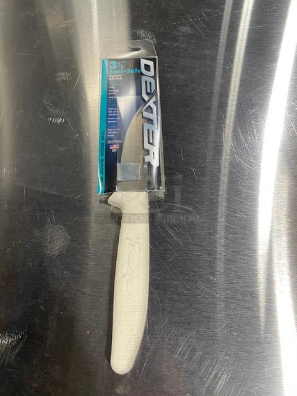 Brand new Dexter Russell Sani-Safe 3" utility knife, model S151PCP, with white grip handle in packaging.