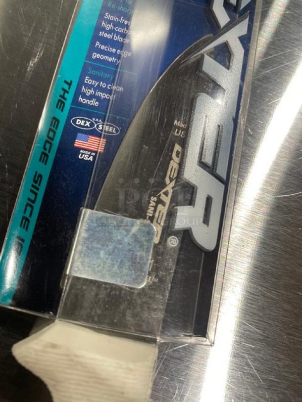 Brand new Dexter Russell Sani-Safe 3" knife, Model S151PCP, stainless steel blade, white grip handle, in packaging.