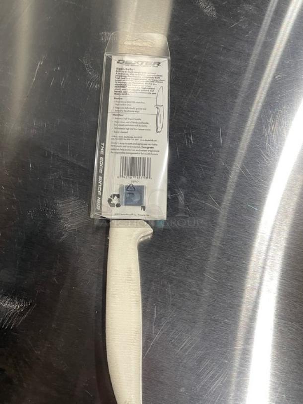 Brand new Dexter Russell Sani-Safe 3" utility knife, model S151PCP, with stainless steel blade and white grip handle in packaging.