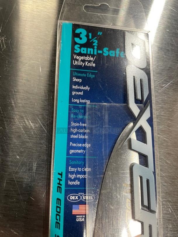 Brand new Dexter Russell Sani-Safe S151PCP 3" vegetable knife with stainless steel blade, white grip handle in packaging.
