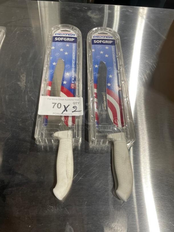 Brand new Dexter Russell Sofgrip 9" scalloped offset sandwich knife, model SG163-9SC, with white grip handle.