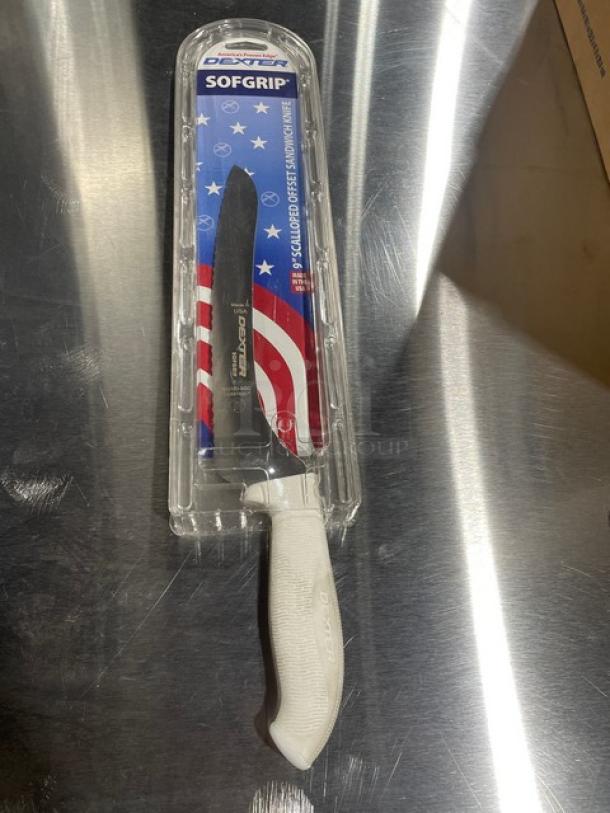 Dexter Russell Sofgrip 9" scalloped offset sandwich knife, stainless steel, model SG163-9SC, white grip, in packaging.