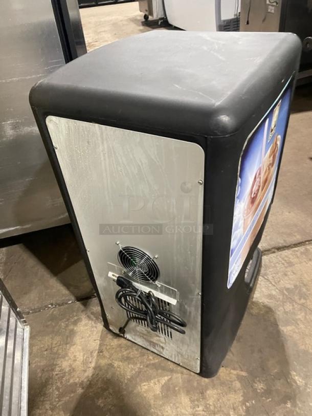 Bolla black electric countertop dual-flavor iced coffee dispenser, stainless steel hopper, push button control, used condition.