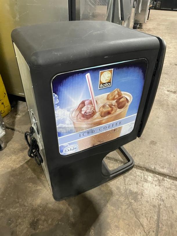 Bolla commercial electric dual-flavor iced coffee dispenser, black, with stainless steel hopper, push button control, countertop model.