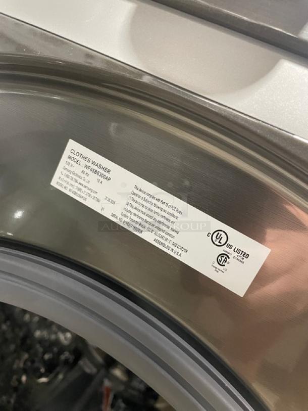 Samsung WF45B6300AP washer, commercial gray, front-load, electric, Smart ADA, scratches, dented, SuperSpeed Steam, model details visible.