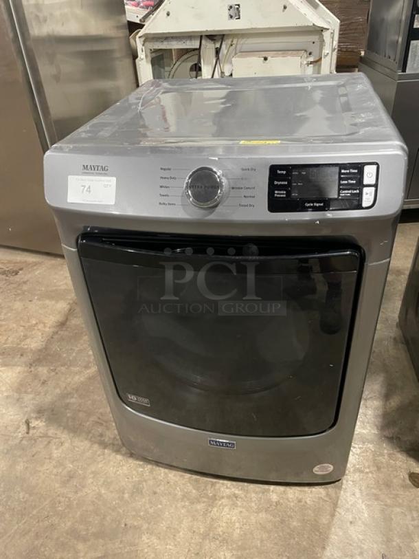 Maytag Commercial front-load dryer, model MGD5630HC3, gray, natural gas, Energy Star certified, visible control panel.