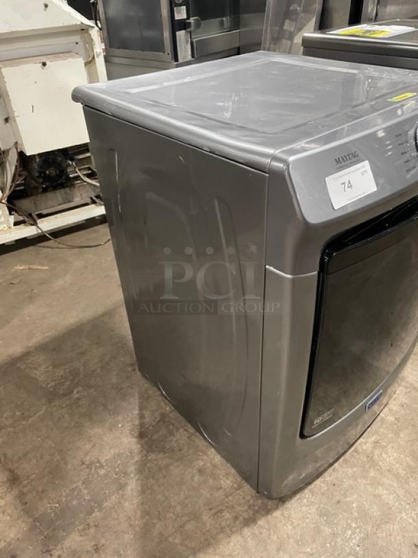 Maytag Commercial gray natural gas front-load dryer, Model MGD5630HC3. Energy Star Certified, Quick Dry Cycle, 120V, slight wear.