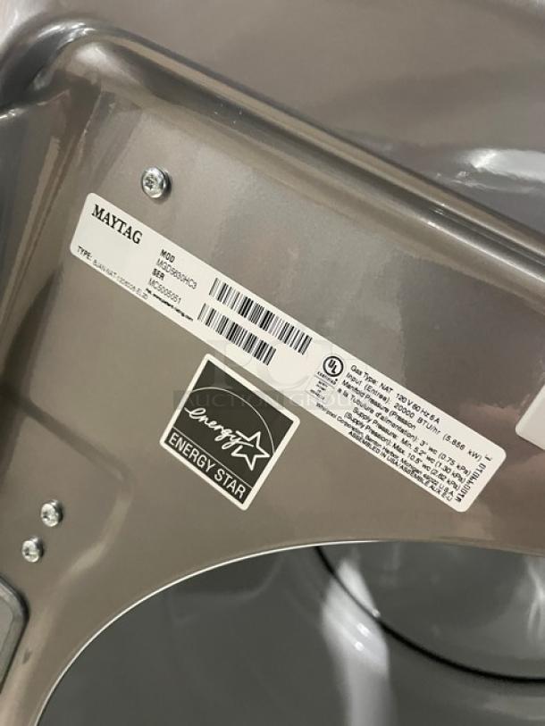 Maytag Commercial gray front-load dryer, model MGD5630HC3, Energy Star certified, natural gas, serial number MC5005051.