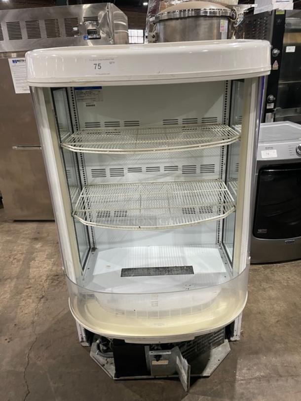 Beverage-Air BZ16GE open merchandiser display case, white, curved design, poly-coated wire racks, used condition, 115V, 1 phase.
