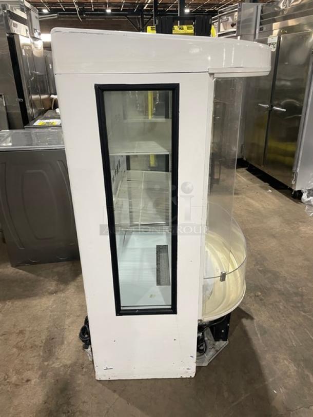Beverage-Air BZ16GE refrigerated display case, white, curved multi-tier, poly coated rack, 115V, 1 Phase, serial 5093717.