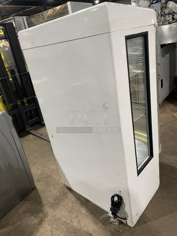 Beverage-Air BZ16GE white curved refrigerated display case, multi-tier, poly-coated wired rack, 115V, commercial use.