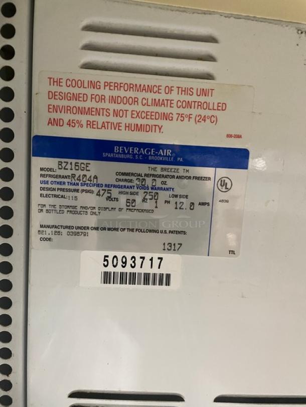 Beverage-Air Breeze Series merchandiser model BZ16GE, SN: 5093717, white with poly coated rack. For indoor climate use at 115V, 1 Phase.