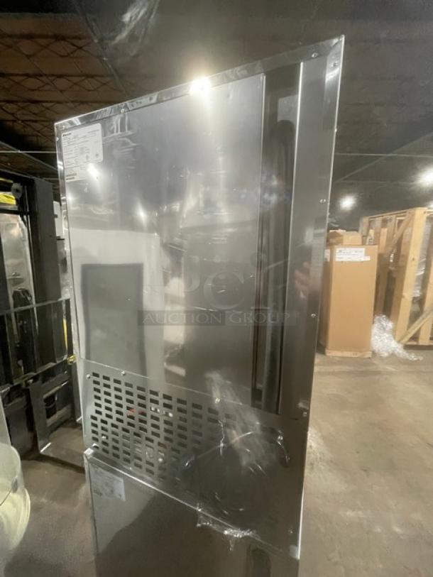 Follett REF5 commercial stainless steel undercounter medical-grade refrigerator with solid door and poly-coated rack. Model: REF5 SN: E14004-27113.