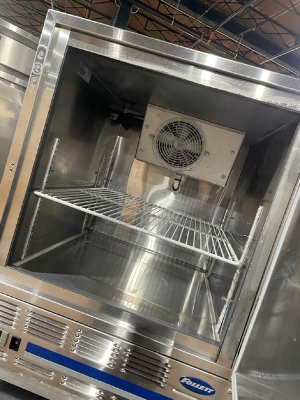 Follett REF5 commercial stainless steel undercounter medical refrigerator, single door, with poly-coated wire rack, Model REF5.