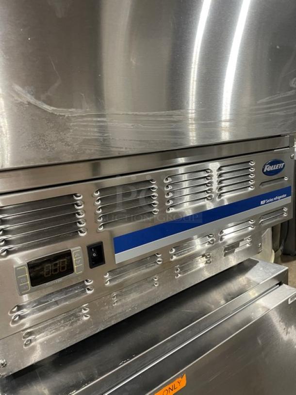 Follett REF Series stainless steel undercounter medical refrigerator, model REF5, with digital display and poly-coated wire rack.