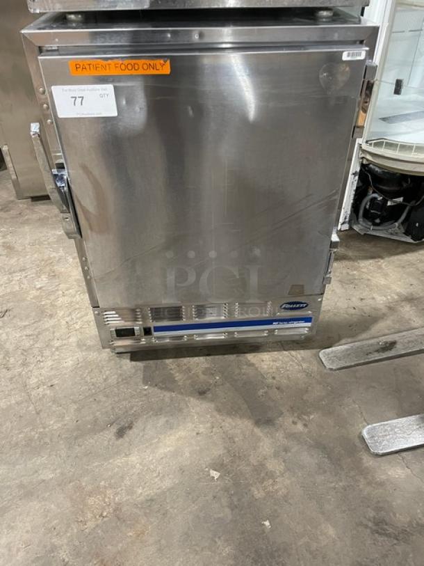 Follett REF5 medical-grade undercounter refrigerator, stainless steel, single door, patient food label, SN: E14008-27113.