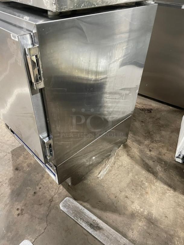 Follett REF5 commercial stainless steel undercounter refrigerator, single door, poly-coated wire rack, 115V, medical-grade.