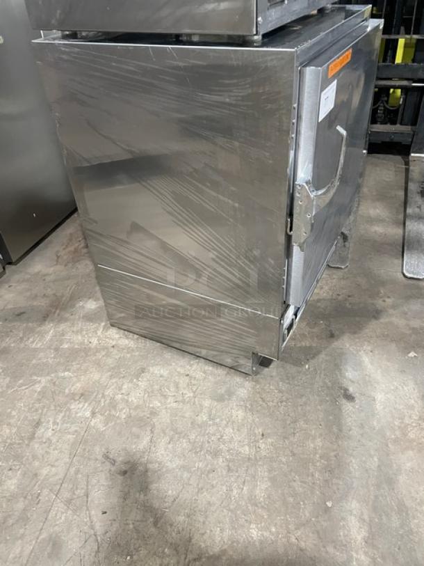 Follett REF5 commercial stainless steel undercounter medical-grade refrigerator, solid door, poly-coated rack, 115V, SN: E14008-27113.