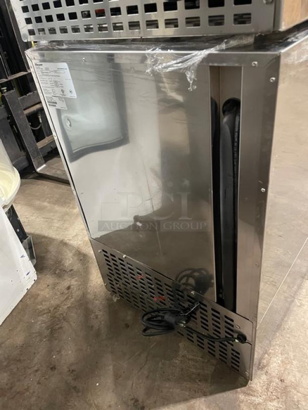 Follett REF5 commercial stainless steel undercounter refrigerator, medical-grade. Includes poly-coated wired rack. Model: REF5, SN: E14008-27113.