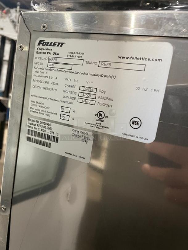 Follett REF Series stainless steel medical-grade refrigerator, model REF5, with poly-coated wired rack, 115V, single phase.