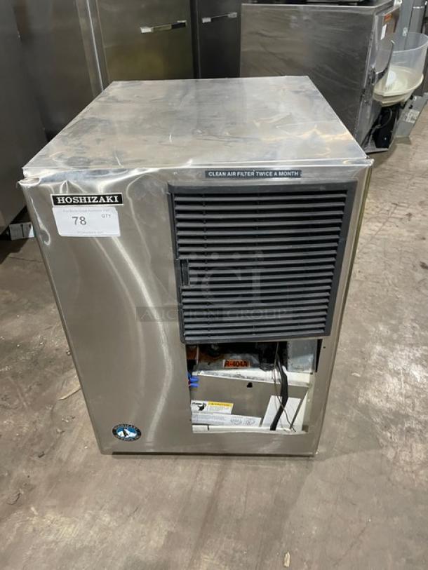 Hoshizaki KM-515MAH stainless steel ice machine, crescent-cube style. Model and condition labels visible. Electric, air-cooled.
