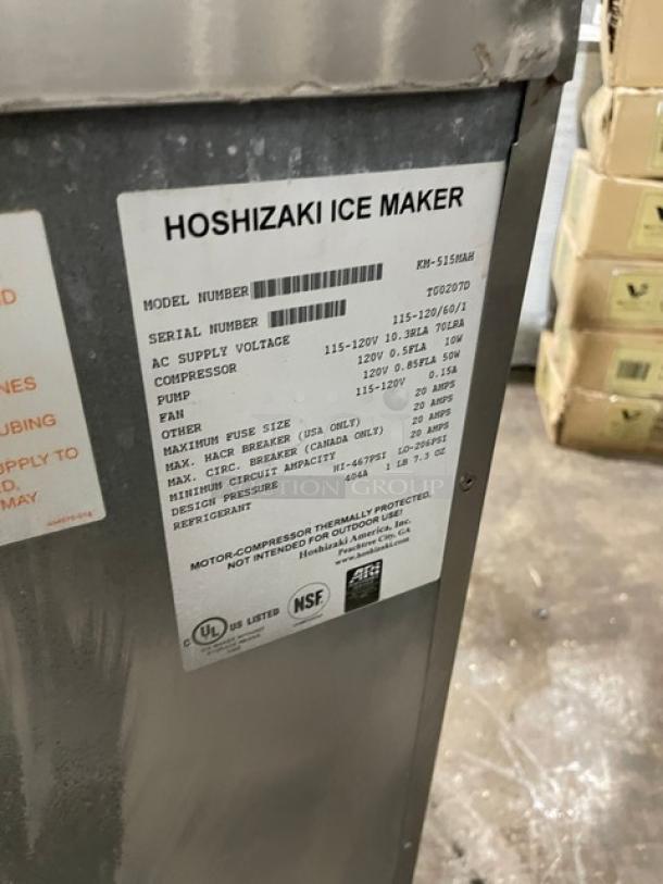 Hoshizaki KM-515MAH stainless steel ice maker, Model KM-515MAH, SN T00207D, air-cooled, electric, 115-120V, 1 phase.