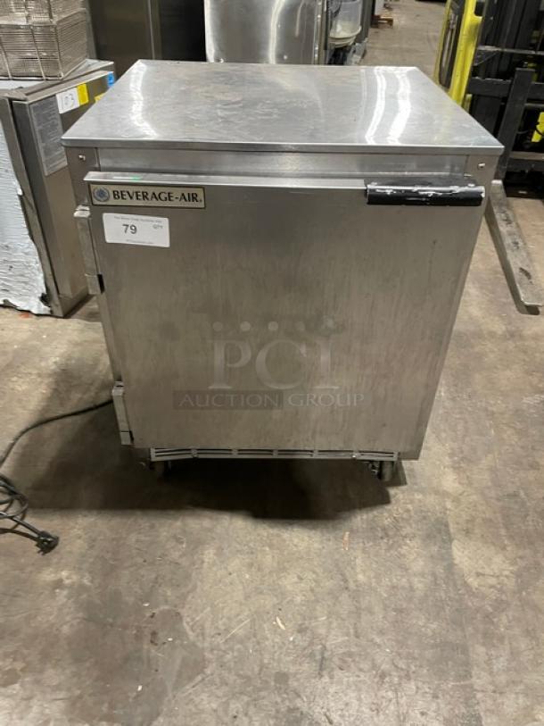 Beverage-Air UCR27 stainless steel undercounter fridge, single door, with poly-coated wire rack, 115V, on casters.