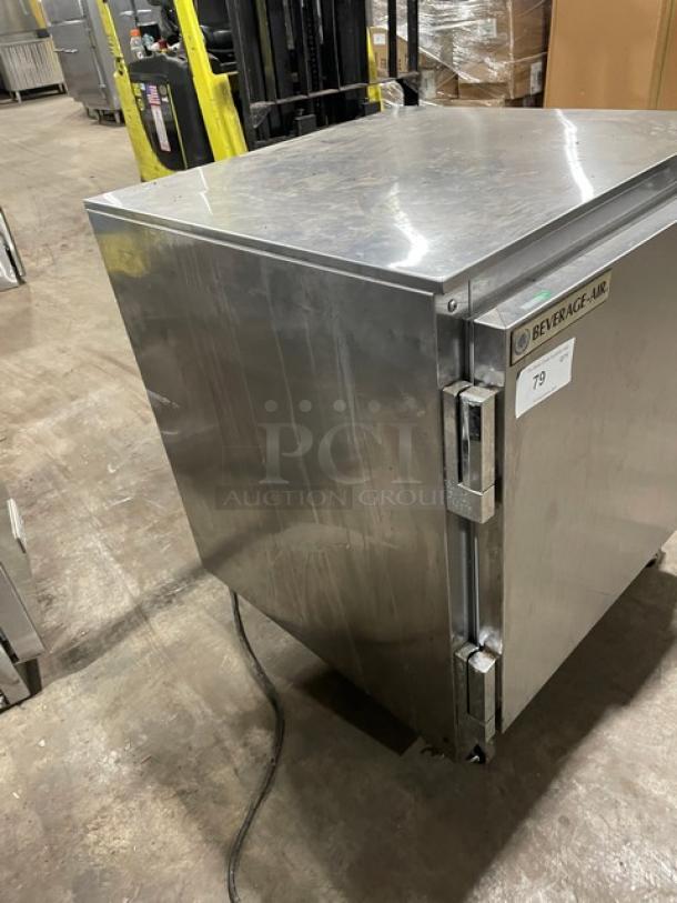 Beverage-Air UCR27 stainless steel undercounter worktop refrigerator with poly-coated rack, single door, on casters.