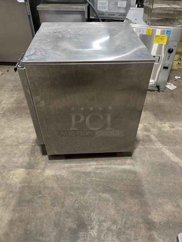 Beverage-Air UCR27 commercial stainless steel undercounter refrigerator, single solid door, includes poly coated wire rack, on casters.