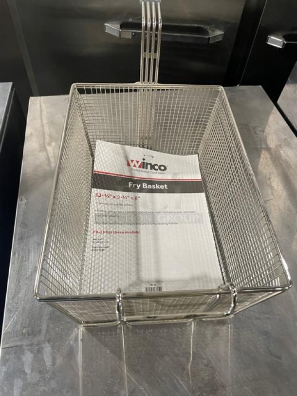 New Winco FB-35 mesh deep fry basket, 6" deep, with high-temp resistant grip handle. Model details shown on label.