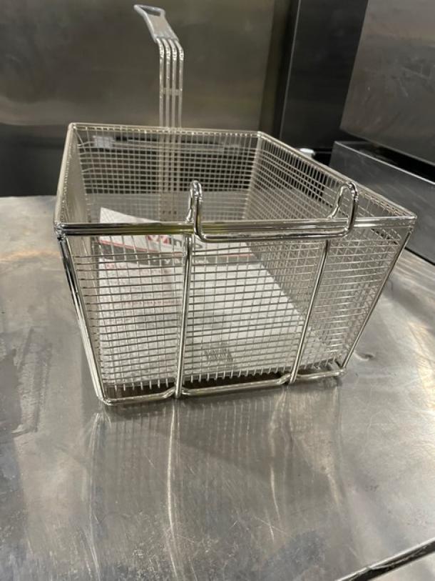 Brand new Winco FB-35 6" deep fry basket with high-temperature resistant grip handle, commercial-grade mesh.