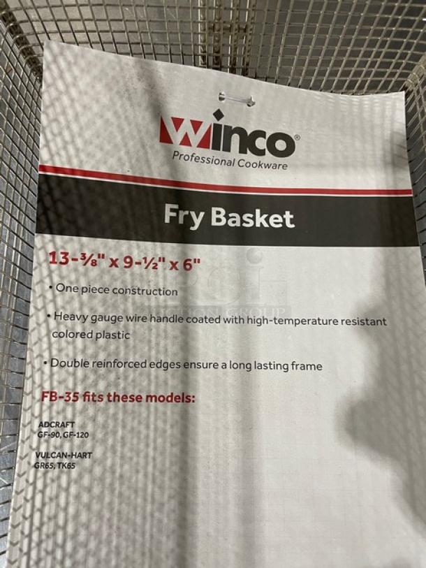 Brand new Winco FB35 fry basket, 6" deep, with high-temp resistant handle. Durable construction. Model tag visible.