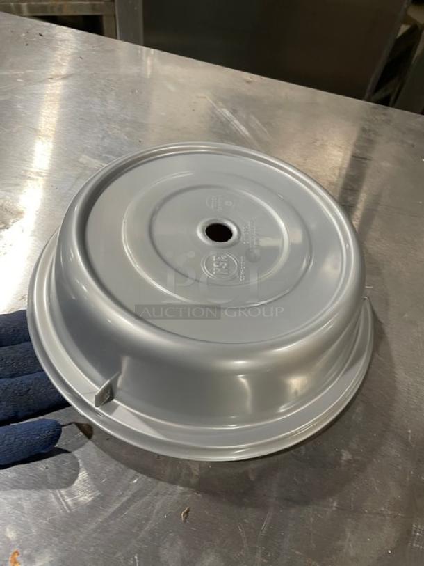 Brand new Cambro Camwear Camcover, model 1000CW486, 10-3/16” round, silver metallic, commercial use, dome-style plate cover.