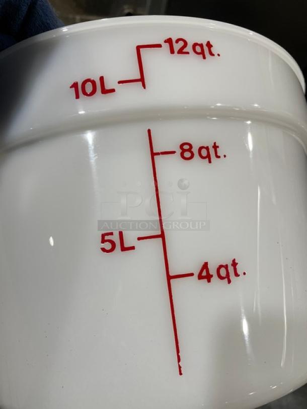 Brand new Cambro 12 Qt. round white food storage container with handles, model RFS12. Measurement markings in red.