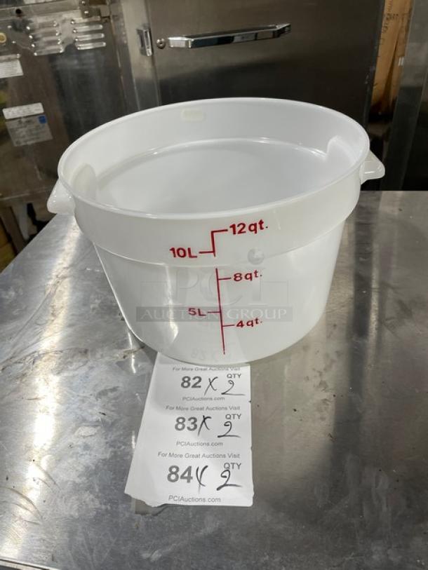 Cambro RFS12 white 12 Qt. round food storage container, brand new, with handles and measurement markings.