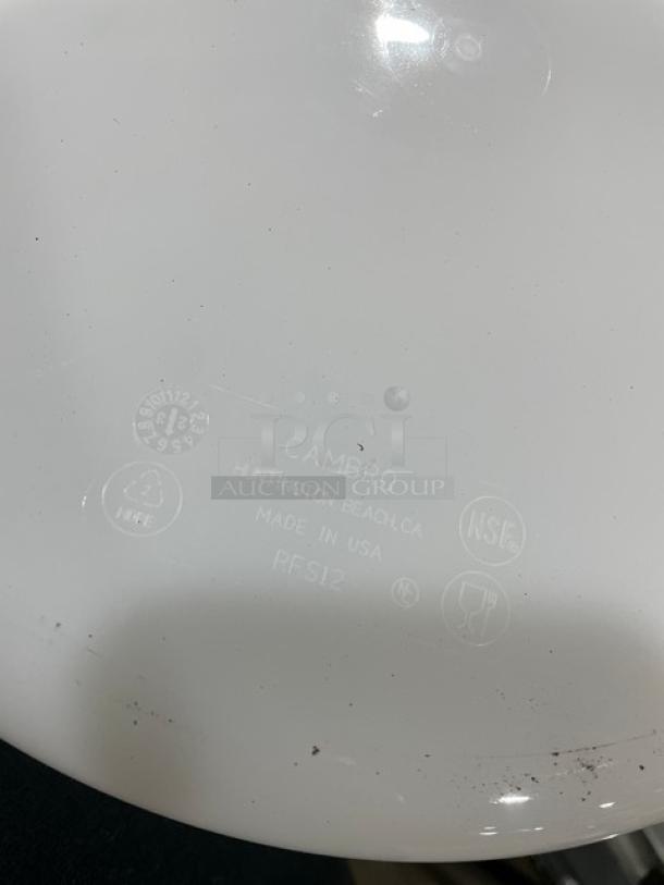 Brand new Cambro RFS12 white 12 Qt. round food storage container with handles. Made in USA, NSF certified.