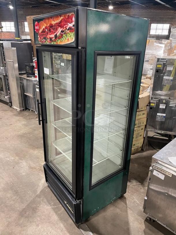 True Commercial GEM-23 fridge, black single glass swing door, Energy Star certified, poly-coated wire rack, glass-end.