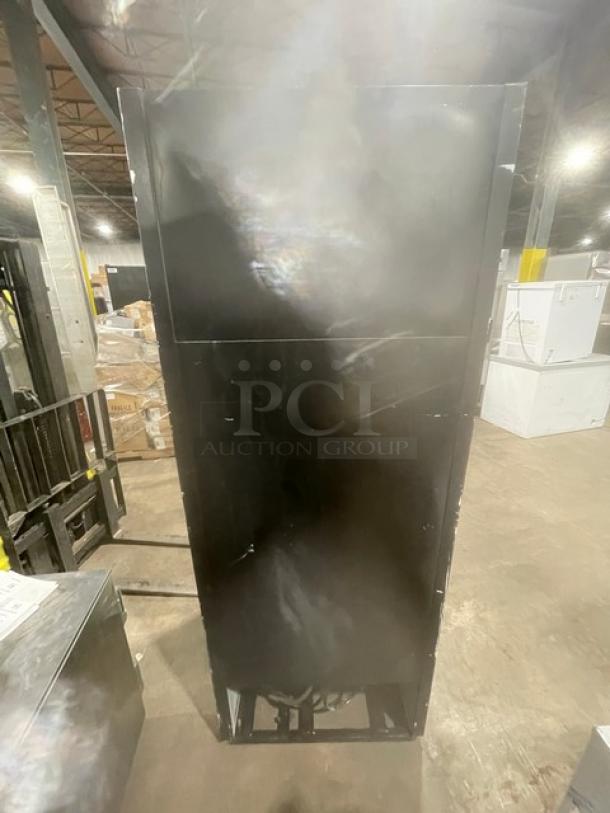 True GEM-23 commercial black glass-end merchandiser refrigerator, Energy Star certified, with poly coated wired rack.