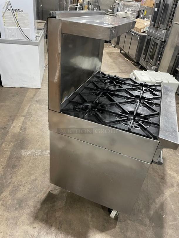 Garland Commercial 6 Burner Range/Oven Combo, stainless steel, natural gas, with backsplash, salamander shelf, casters, wired rack.