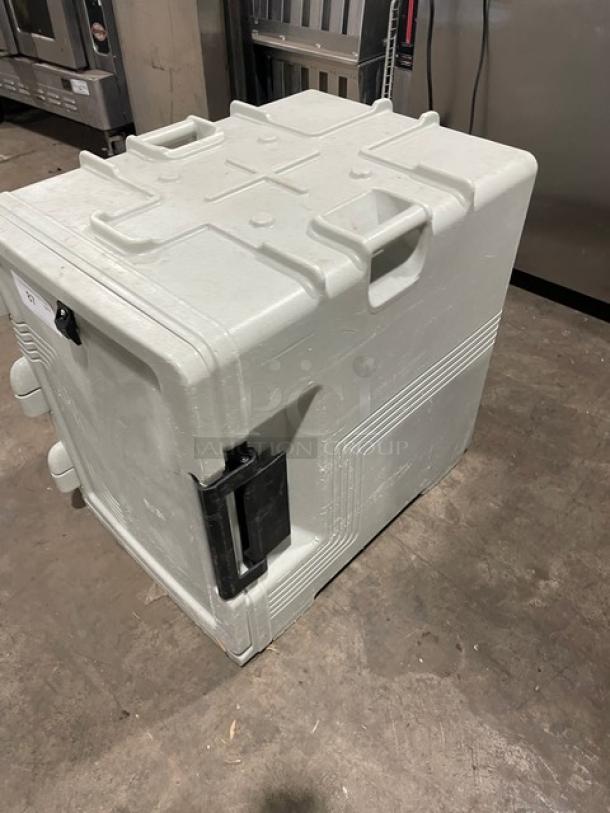 Cambro Ultra Series speckled gray front-loading insulated hot box, used condition, sturdy handles, visible latch.
