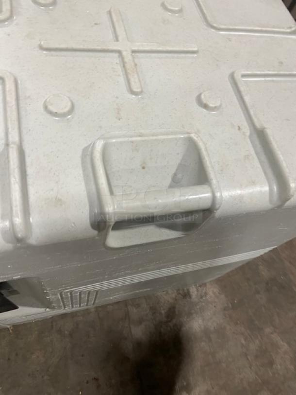 Cambro Ultra Series insulated food pan carrier in speckled gray, front-loading, commercial-grade, good condition, visible handle.