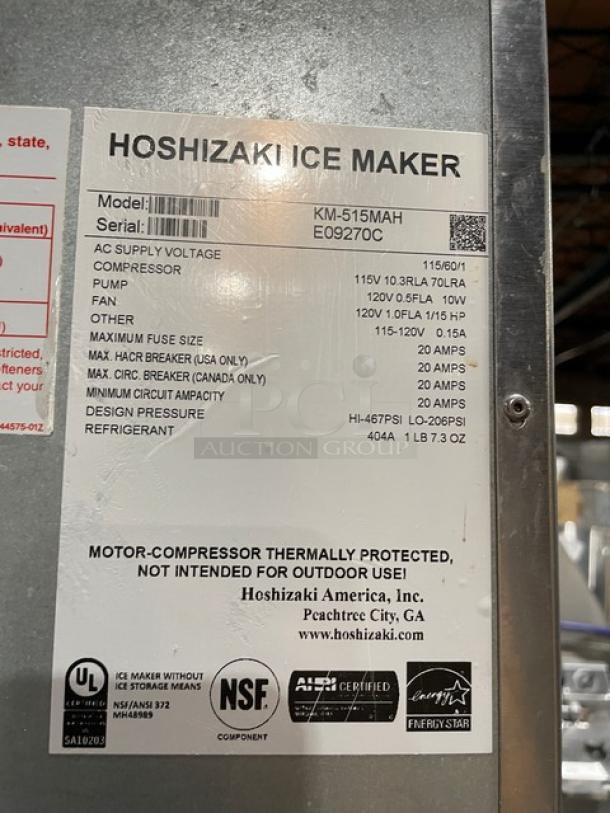 Hoshizaki KM-515MAH Ice Maker, stainless steel, electric, air-cooled, Energy Star Certified, model details visible.