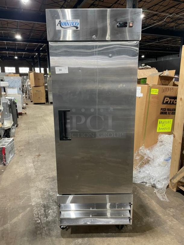 Avantco stainless steel single door reach-in refrigerator, model 178A19RHC, on casters, with poly-coated rack.