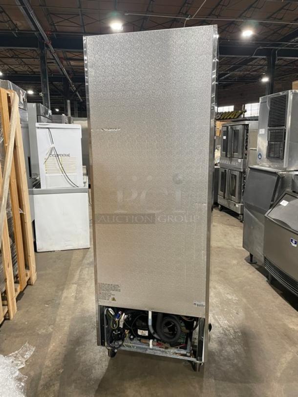 Avantco stainless steel single door reach-in refrigerator, Model 178A19RHC, on casters, includes poly coated wired rack.