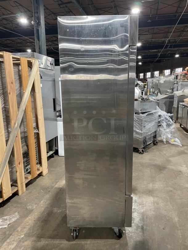 Avantco stainless steel single door reach-in refrigerator, model 178A19RHC, SN: 6270170721071905, on casters, excellent condition.