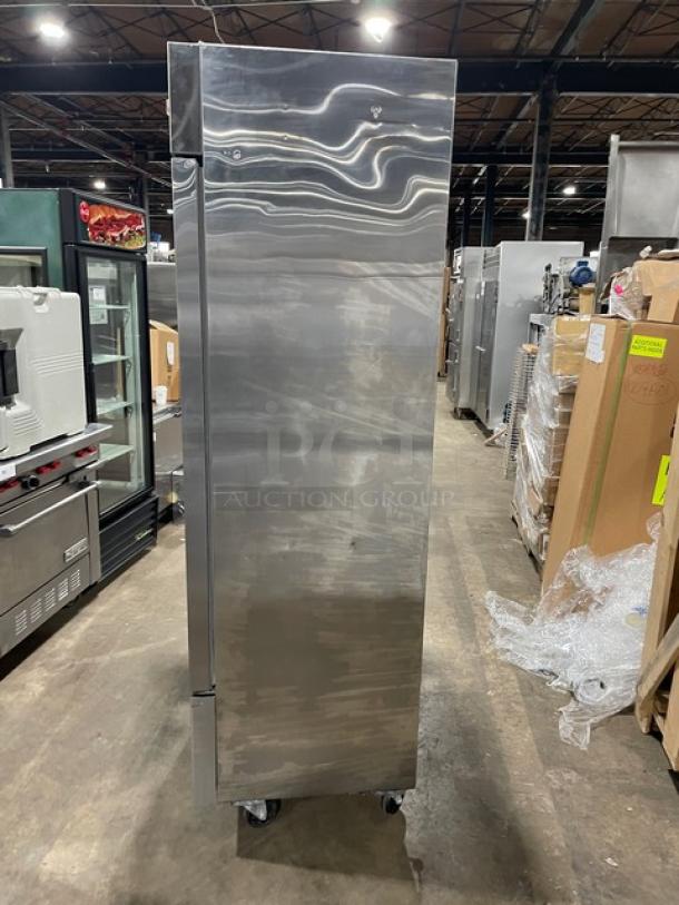 Avantco stainless steel single door reach-in refrigerator, model 178A19RHC, with poly-coated wire rack and casters, 115V.